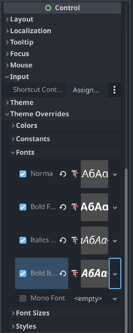 Fonts parameters result