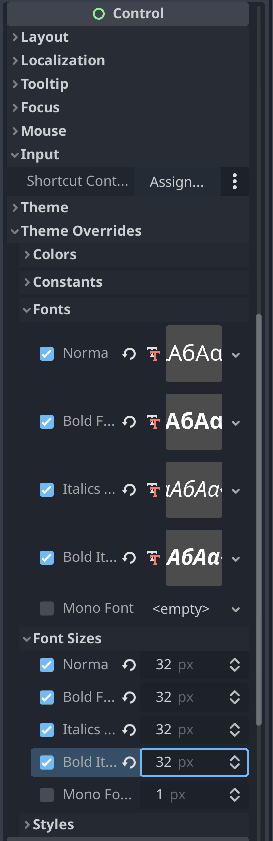 Fonts size parameters result