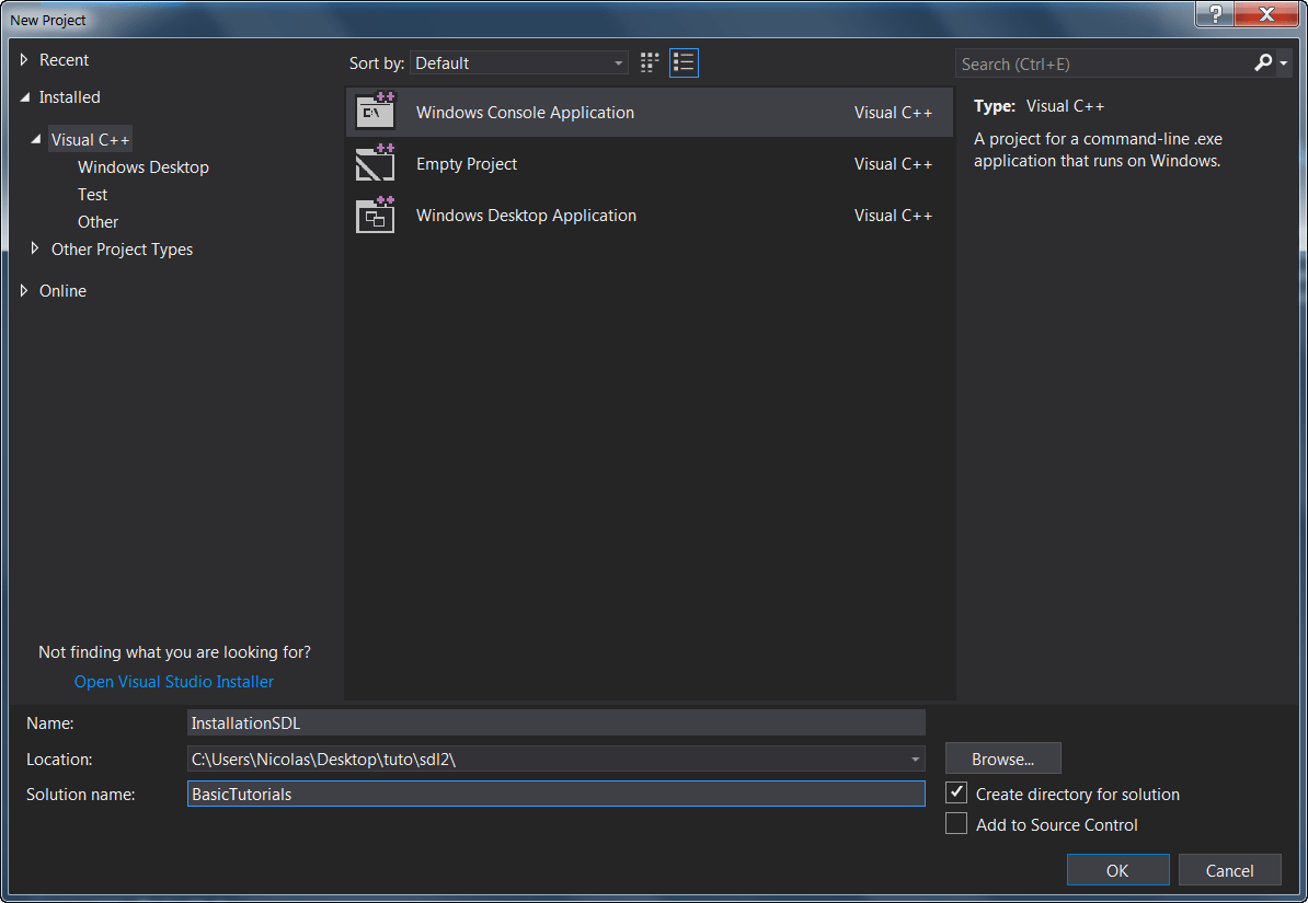 Create C++ project with visual studio